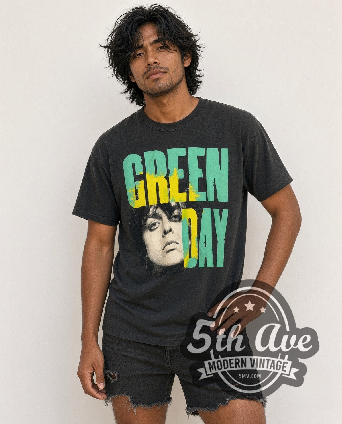 Model wearing the Green Day Billie Joe Portrait Teal Yellow Splash vintage band t-shirt