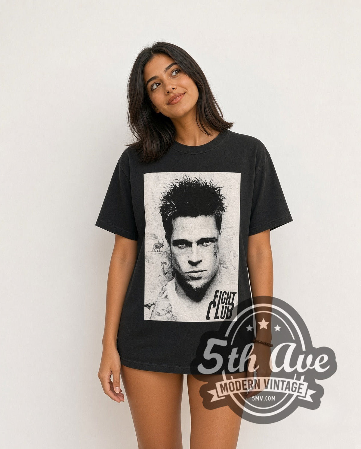 Model wearing the Fight Club The Narrator vintage movie t-shirt