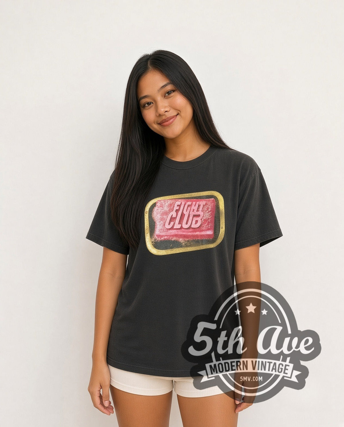 Model wearing the Fight Club Rule vintage movie t-shirt, photo 4