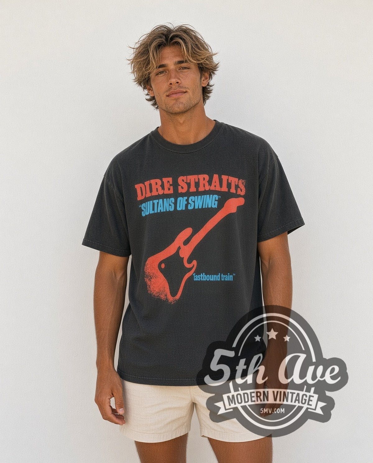 Model wearing the Dire Straits Sultans of Swing vintage band t-shirt