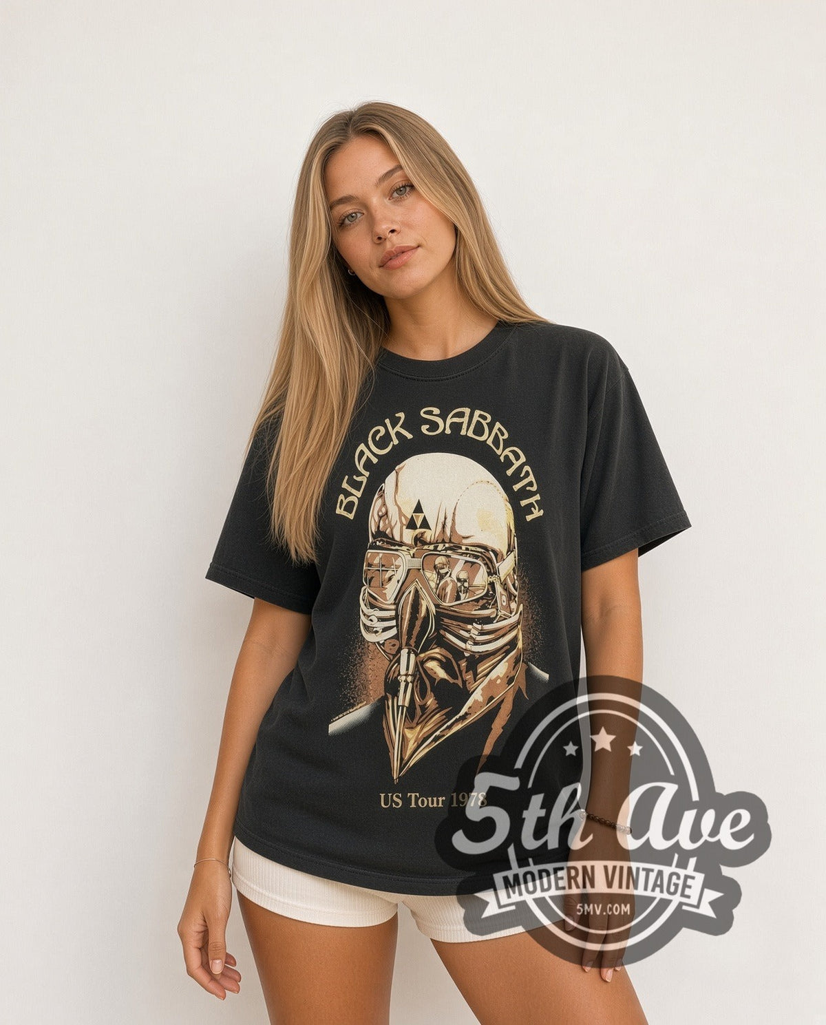 Model wearing the Black Sabbath US Tour 1978 vintage band t-shirt