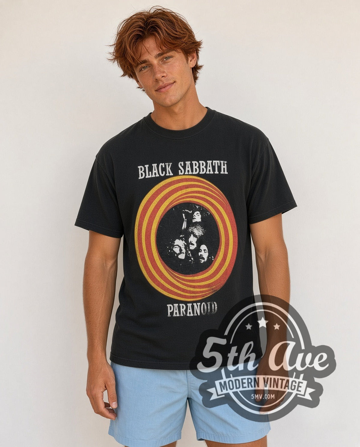 Model wearing the Black Sabbath Paranoid vintage band t-shirt
