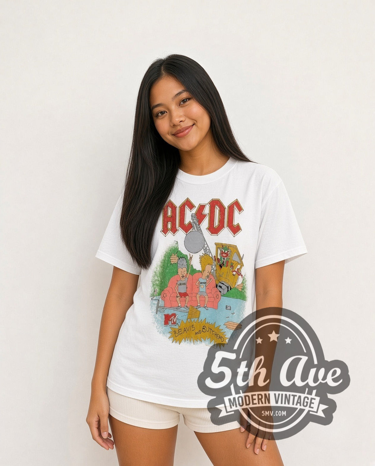 Model wearing the AC/DC Beavis and Butt-Head vintage band tee