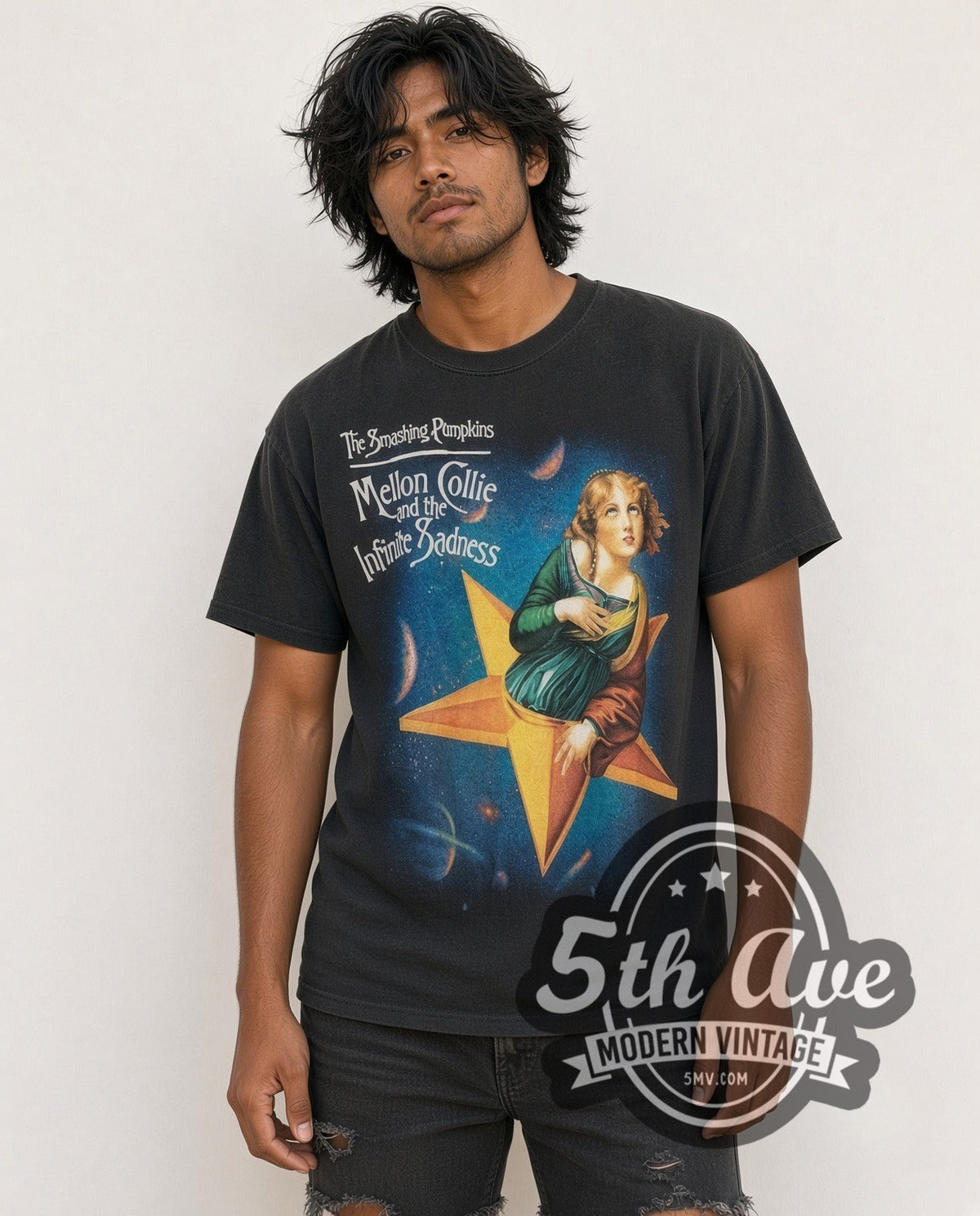 Model wearing The Smashing Pumpkins Mellon Collie and the Infinite Sadness vintage band t-shirt
