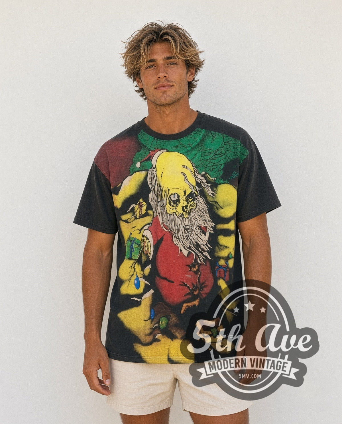 Model wearing the Pushead Sanda Kuwait all-over-print vintage graphic tee