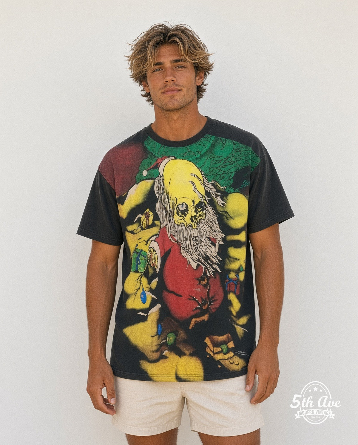 Model wearing the Pushead Sanda Kuwait all-over-print graphic tee