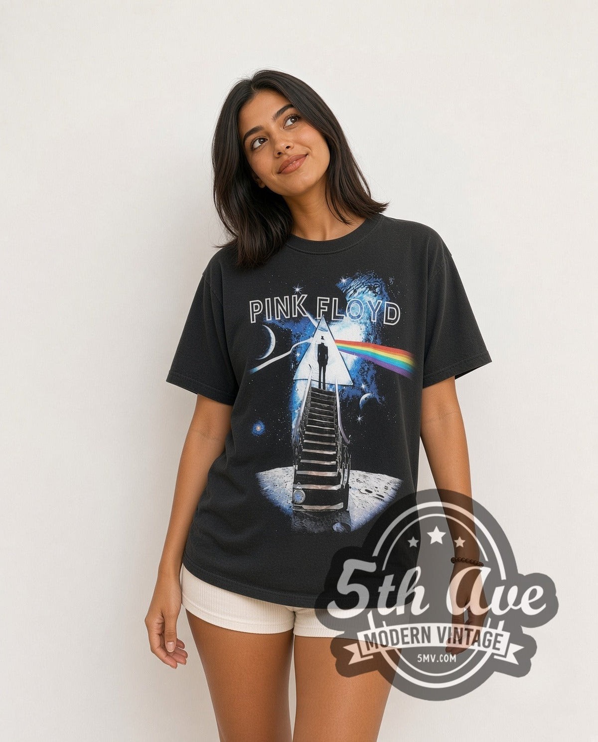 Model wearing the Pink Floyd Stairway Pyramid Moon Spectrum vintage band t-shirt
