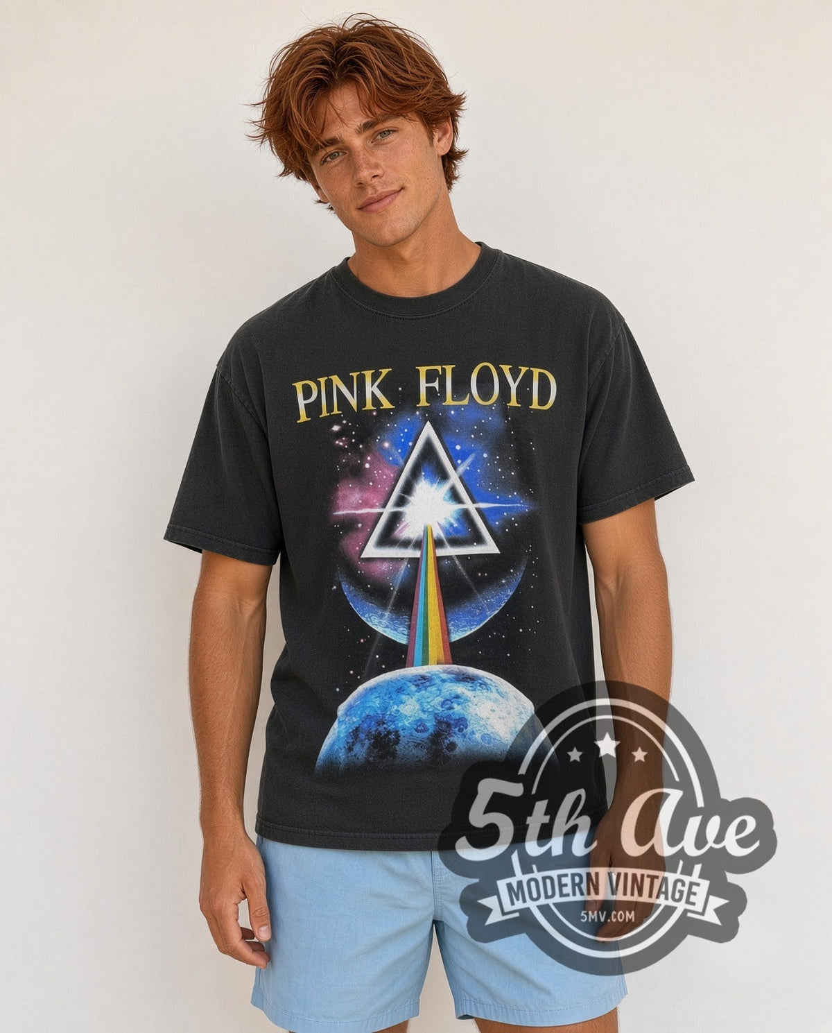 Model wearing the Pink Floyd Dark Side Invasion vintage band t-shirt