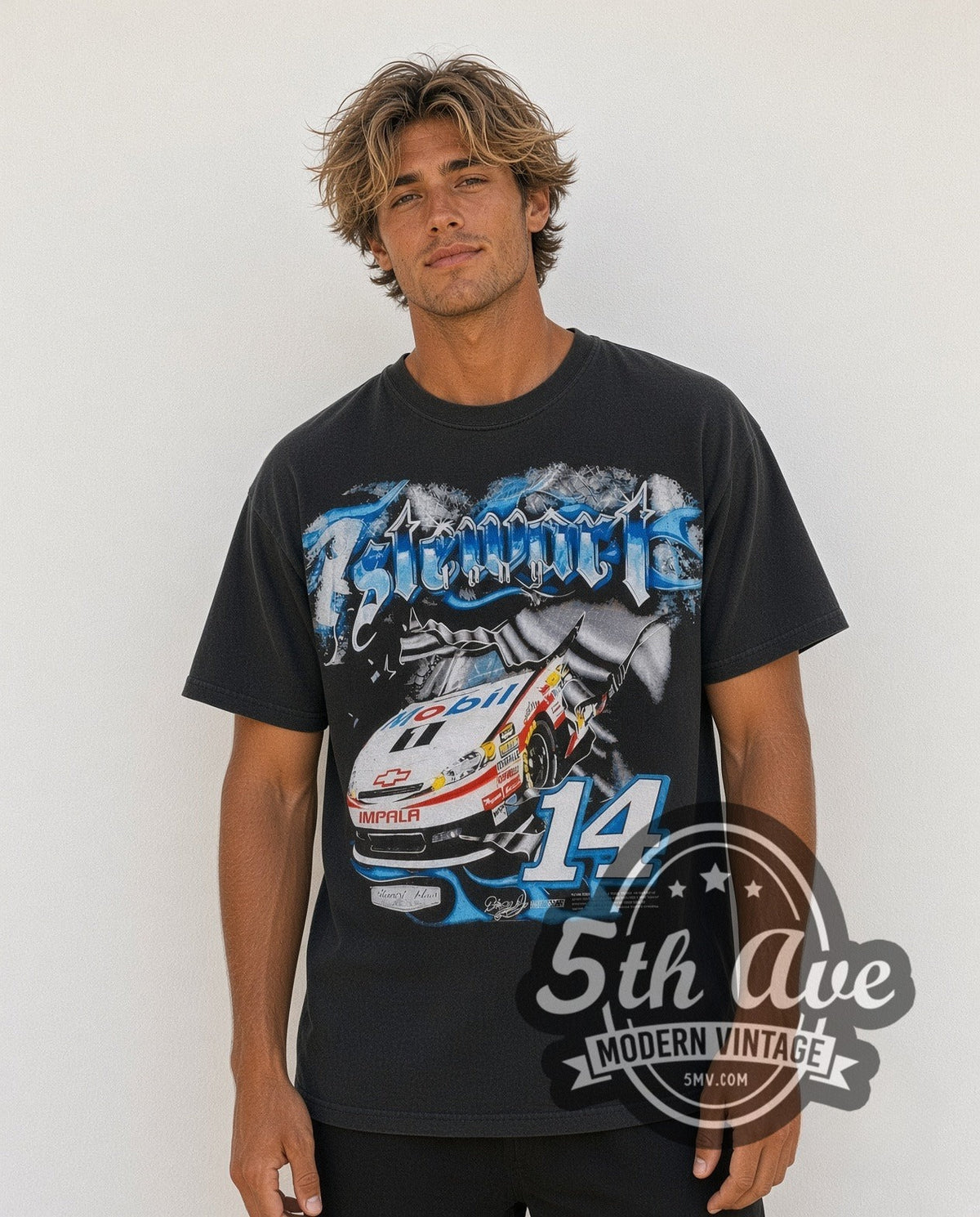 Model wearing the NASCAR Tony Stewart #14 Mobil 1 all-over-print vintage NASCAR t-shirt
