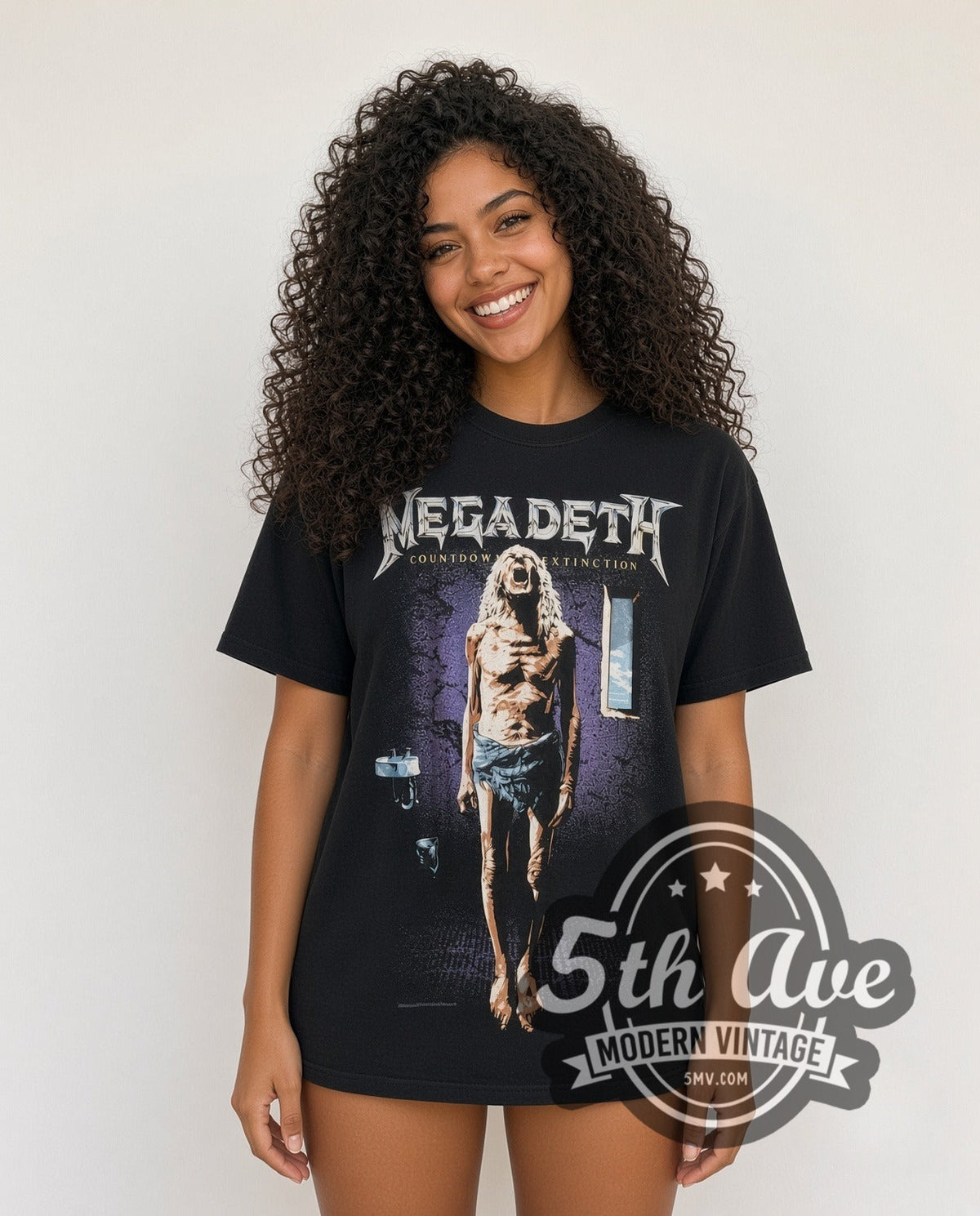 Model wearing the Megadeth Countdown to Extinction vintage band t-shirt