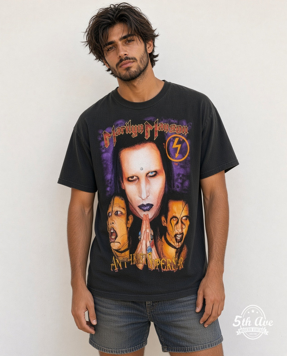 Model wearing the Marilyn Manson Antichrist Superstar Prayer Hands Skulls vintage band t-shirt