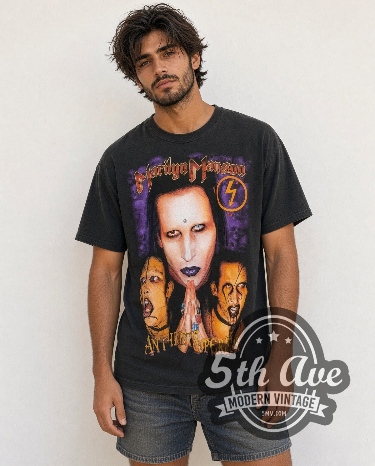 Model wearing the Marilyn Manson Antichrist Superstar Prayer Hands Skulls vintage band t-shirt