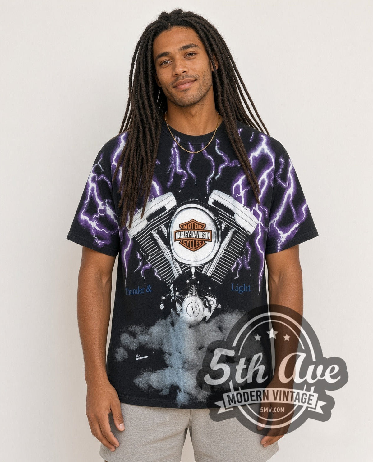 Model wearing the Harley-Davidson Thunder and Lightning Engine all-over-print vintage Harley tee