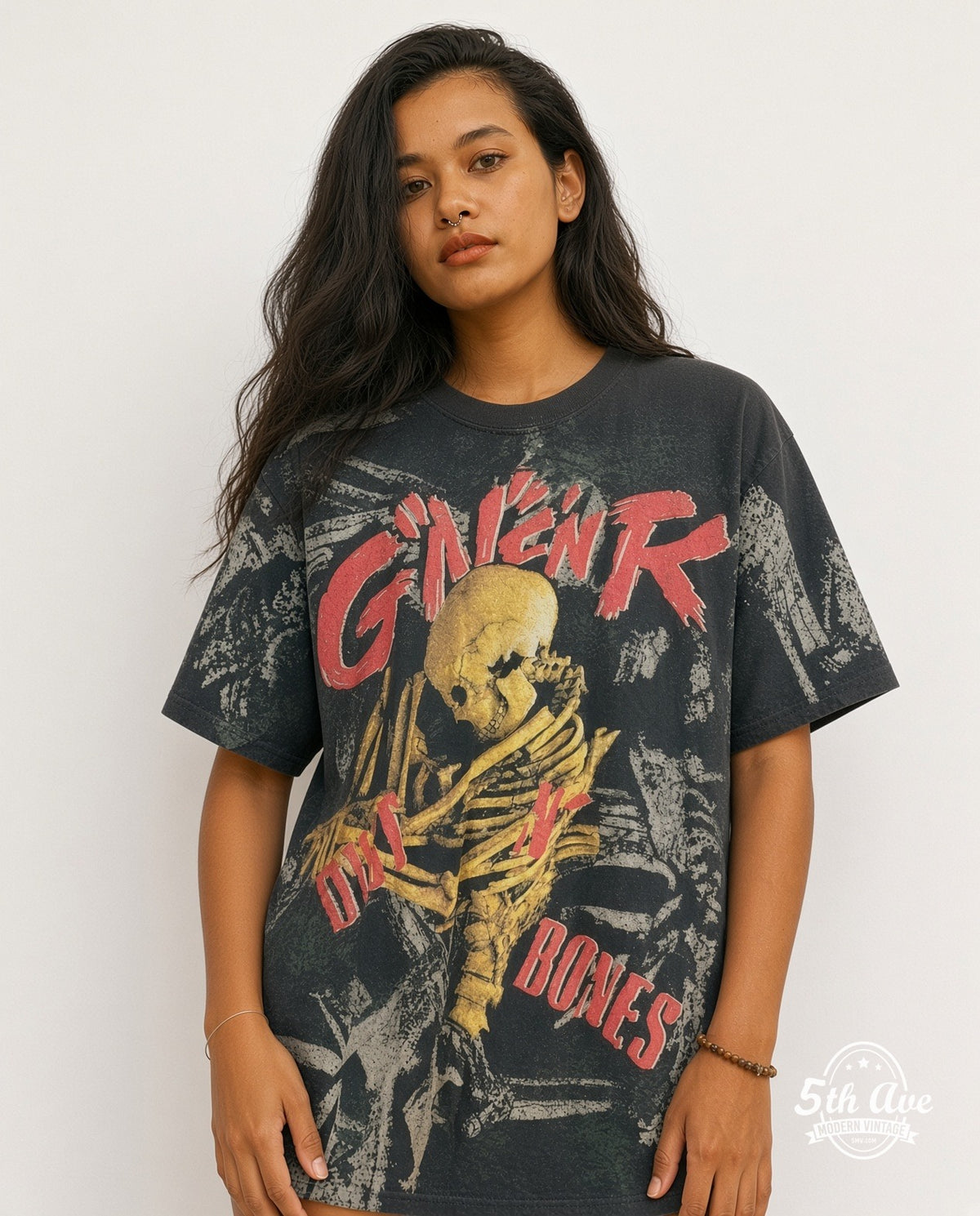 Model wearing the Guns N' Roses Dirt N Bones Skeleton all-over-print vintage band t-shirt