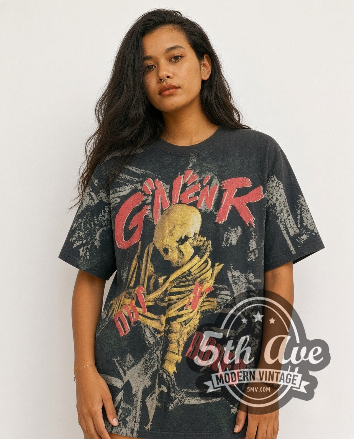 Model wearing the Guns N' Roses Dirt N Bones Skeleton all-over-print vintage band t-shirt
