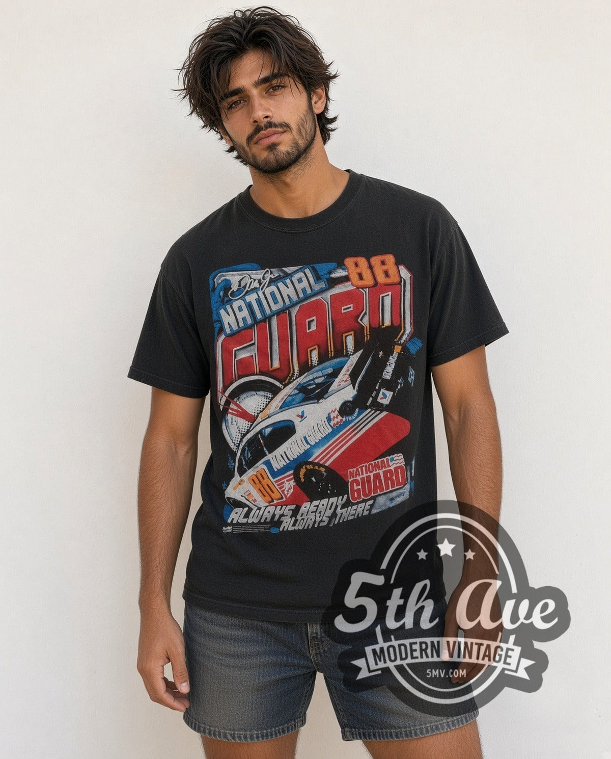 Model wearing the NASCAR Dale Earnhardt Jr. #88 National Guard Always Ready all-over-print vintage NASCAR t-shirt
