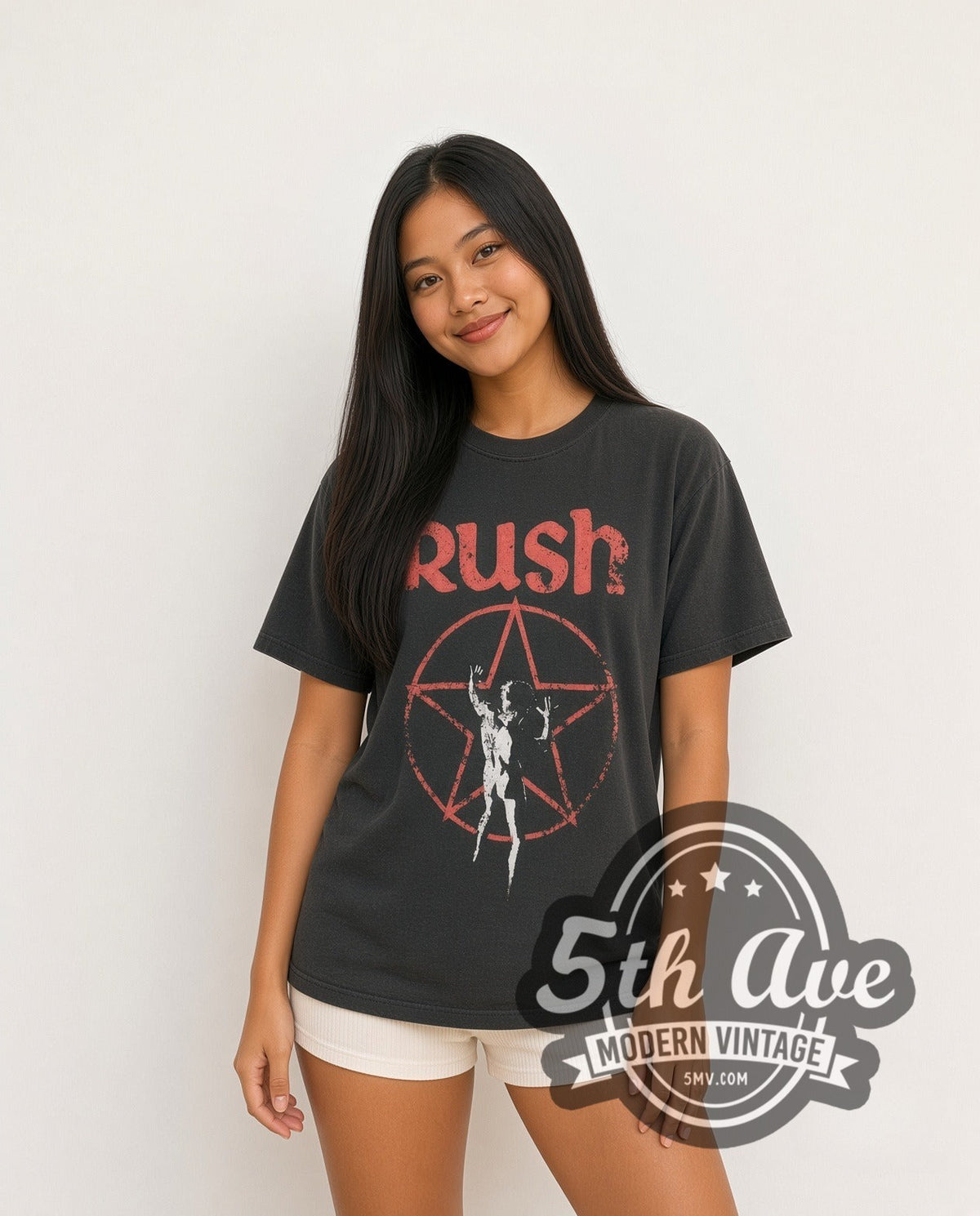Model wearing the Rush Starman vintage band t-shirt