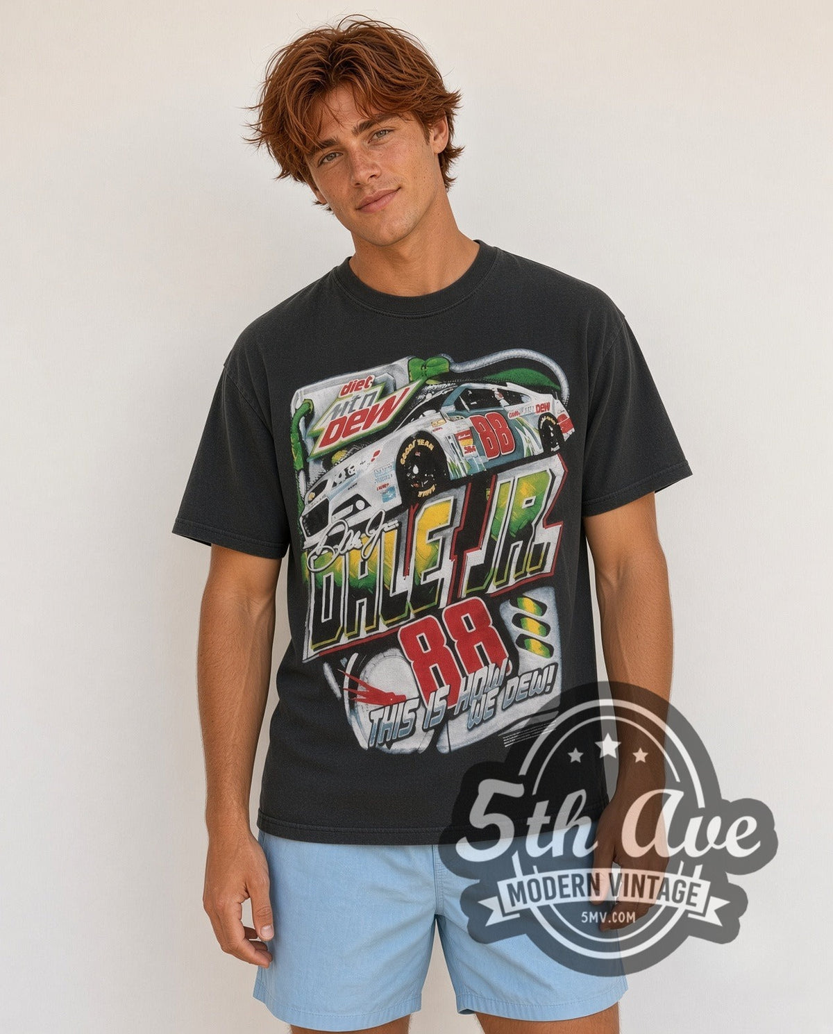 Model wearing the NASCAR Dale Earnhardt Jr. #88 Mountain Dew all-over-print vintage NASCAR t-shirt