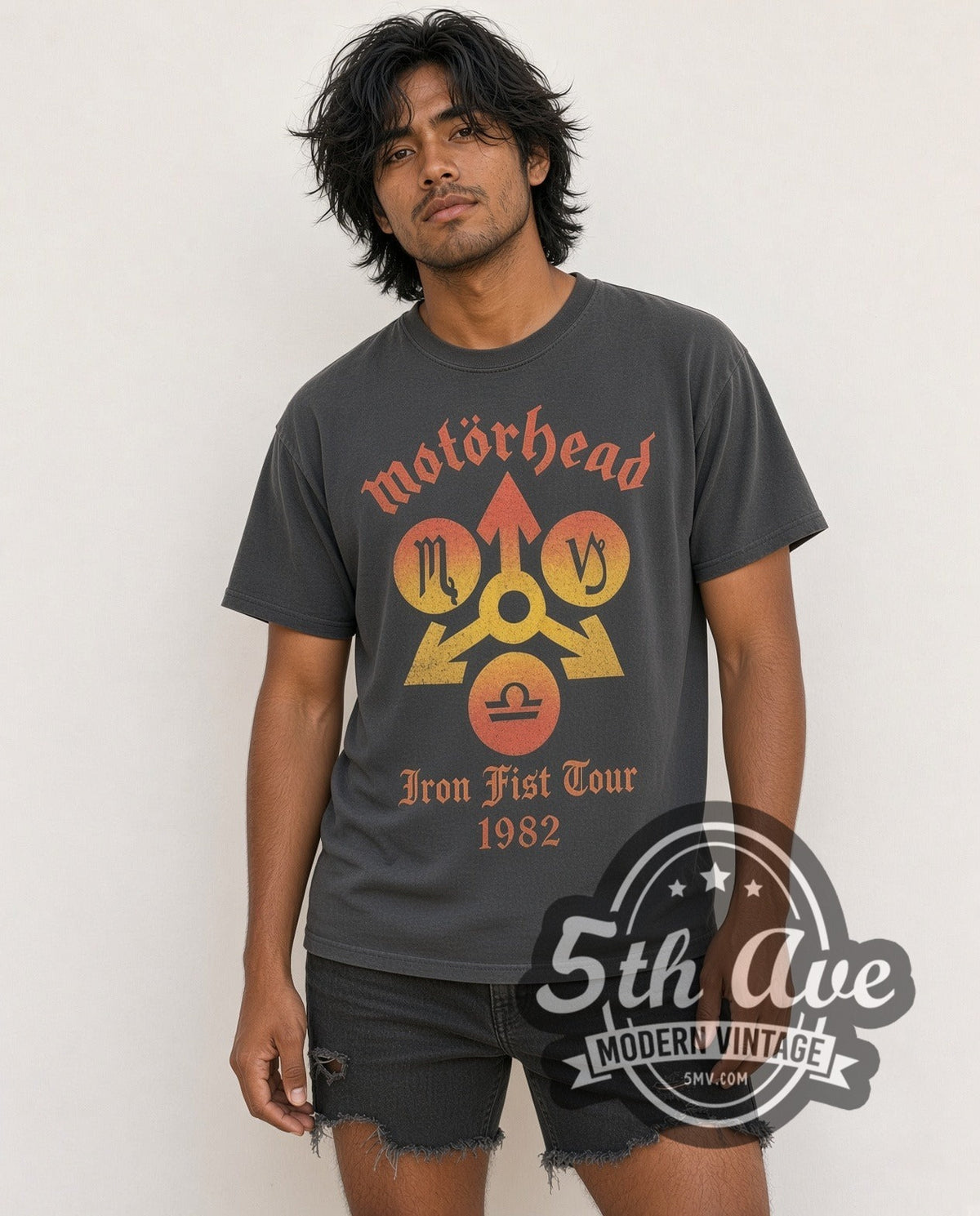 Model wearing the Motörhead Iron Fist Tour 1982 vintage band t-shirt