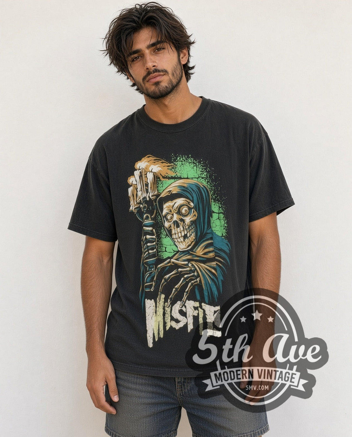 Model wearing the Misfits Crimson Ghost Holding Candelabra vintage band t-shirt