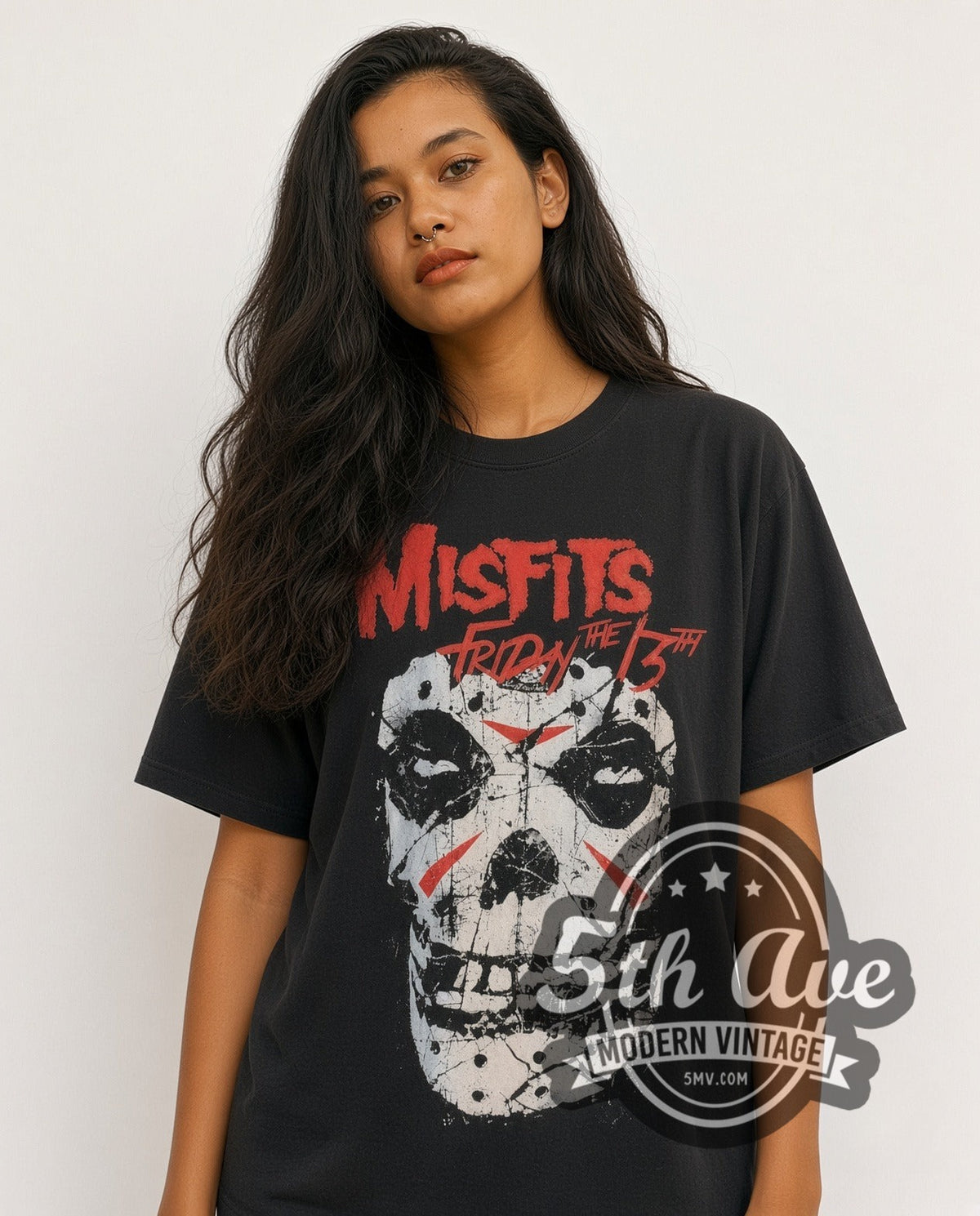Model wearing the Misfits Friday the 13th vintage band t-shirt