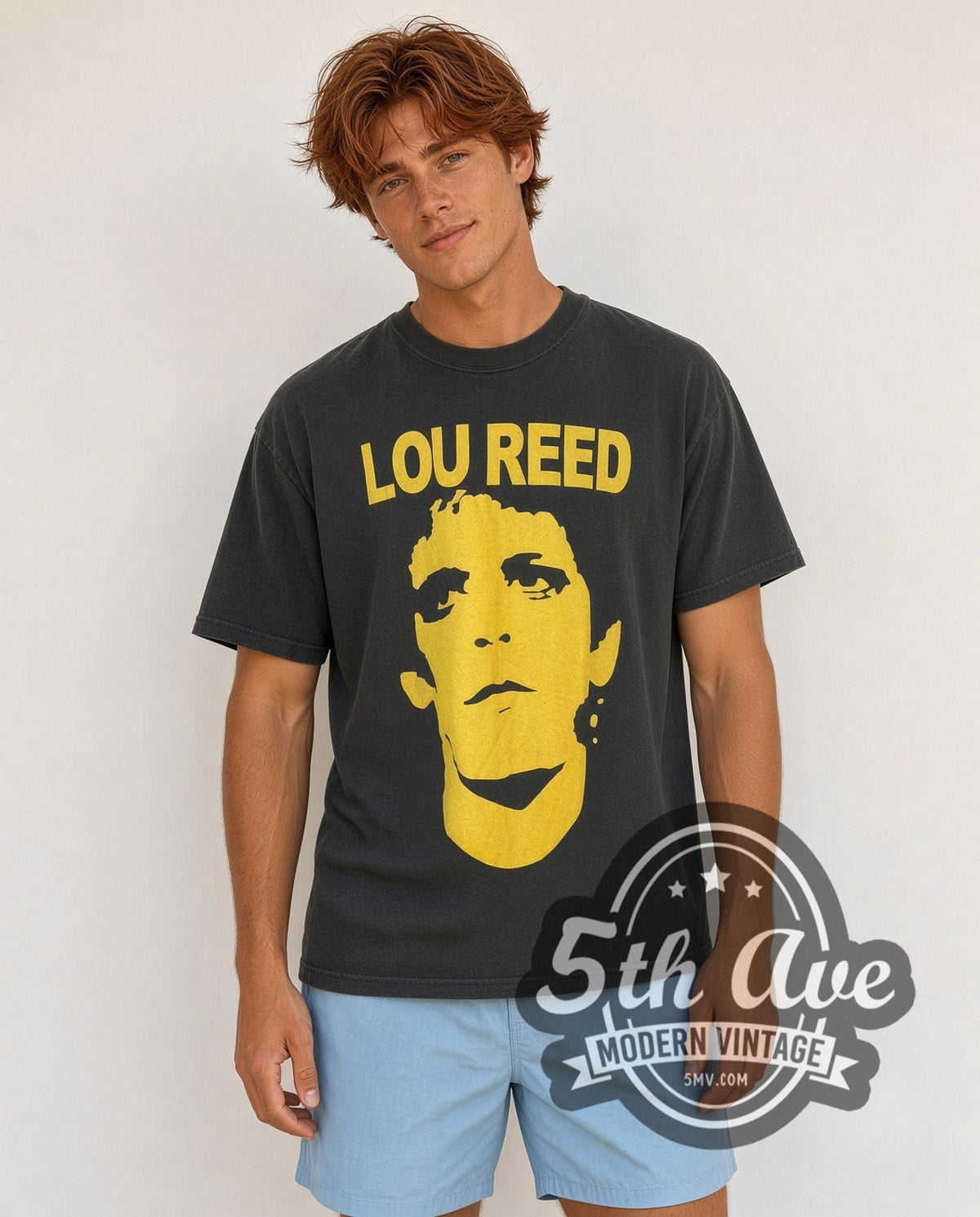 Model wearing the Lou Reed Rock 'n' Roll Animal Distressed Cotton vintage band t-shirt