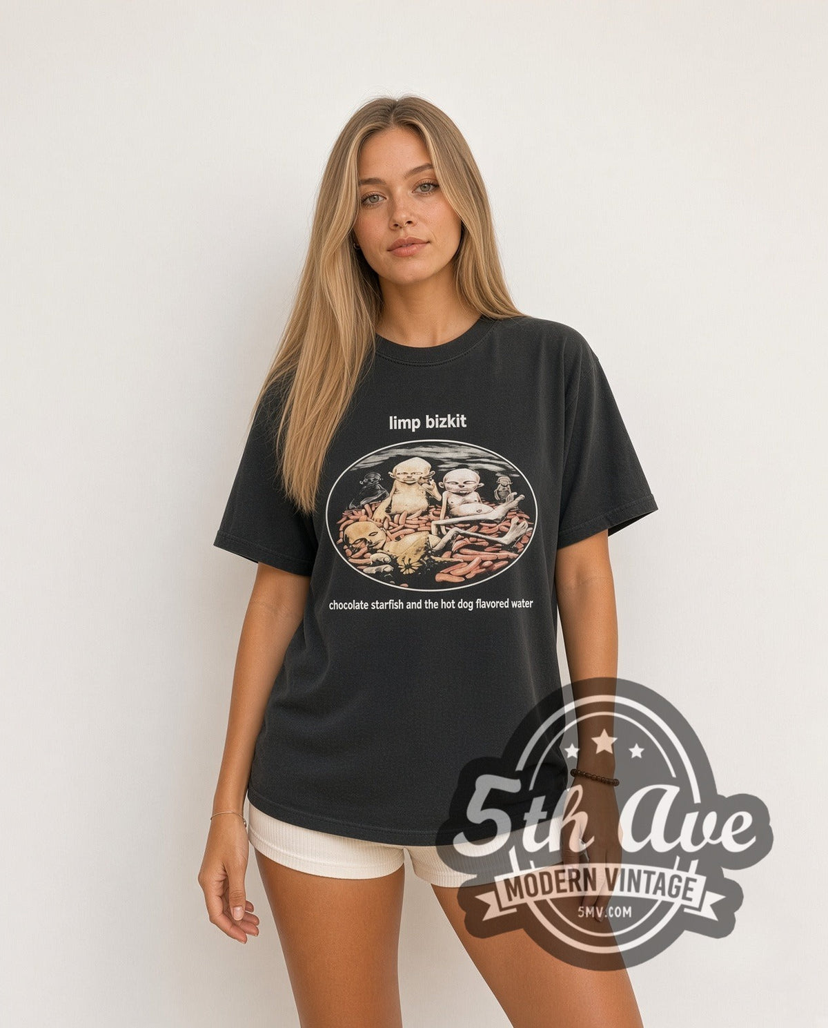 Model wearing the Limp Bizkit Chocolate Starfish vintage band t-shirt in black