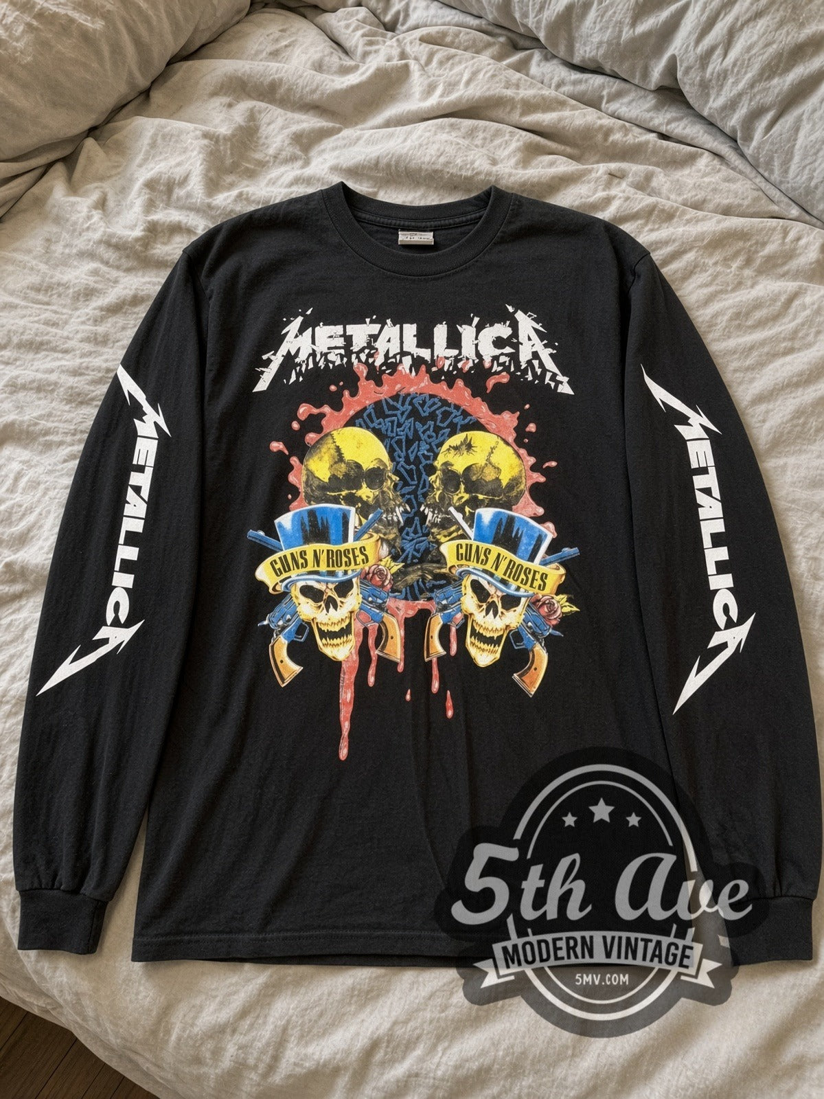 Metallica Guns N' Roses Skulls vintage band long sleeve tee laid flat