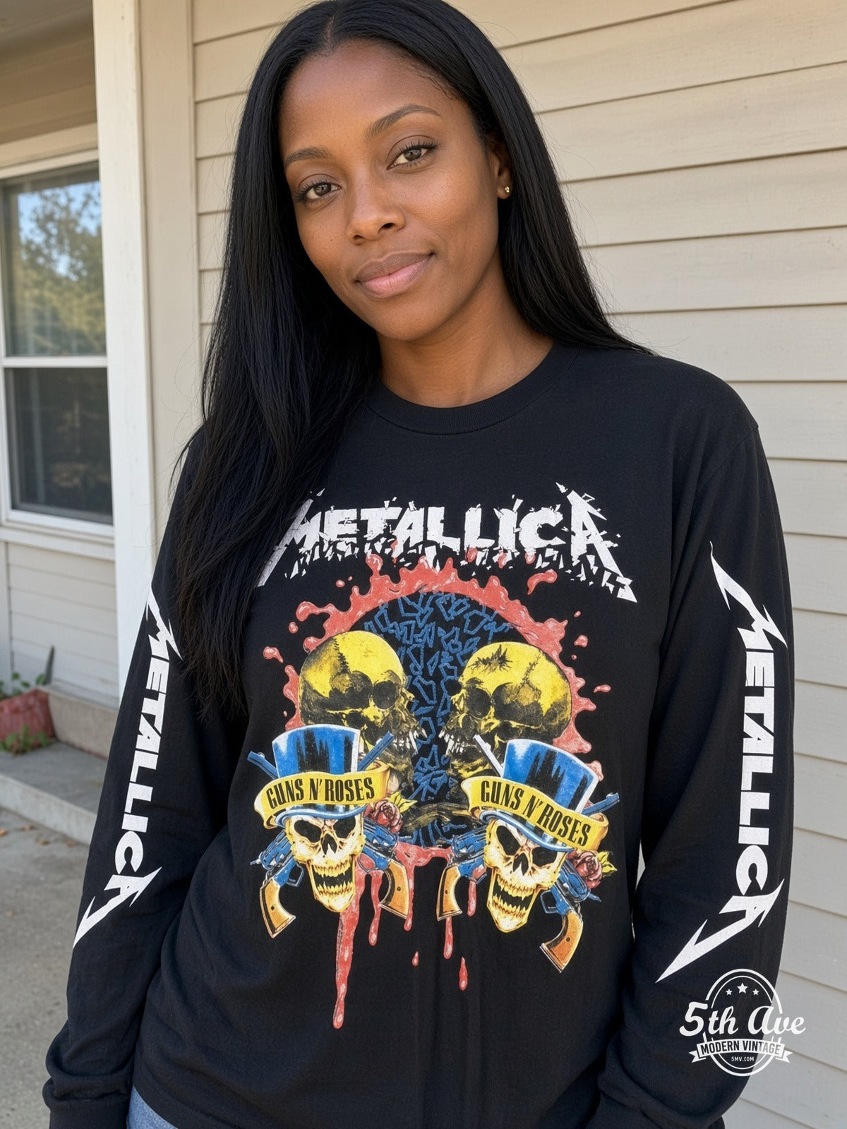 ETS LS 19 Metallica Guns N' Roses Skulls long sleeve vintage tee worn by a model