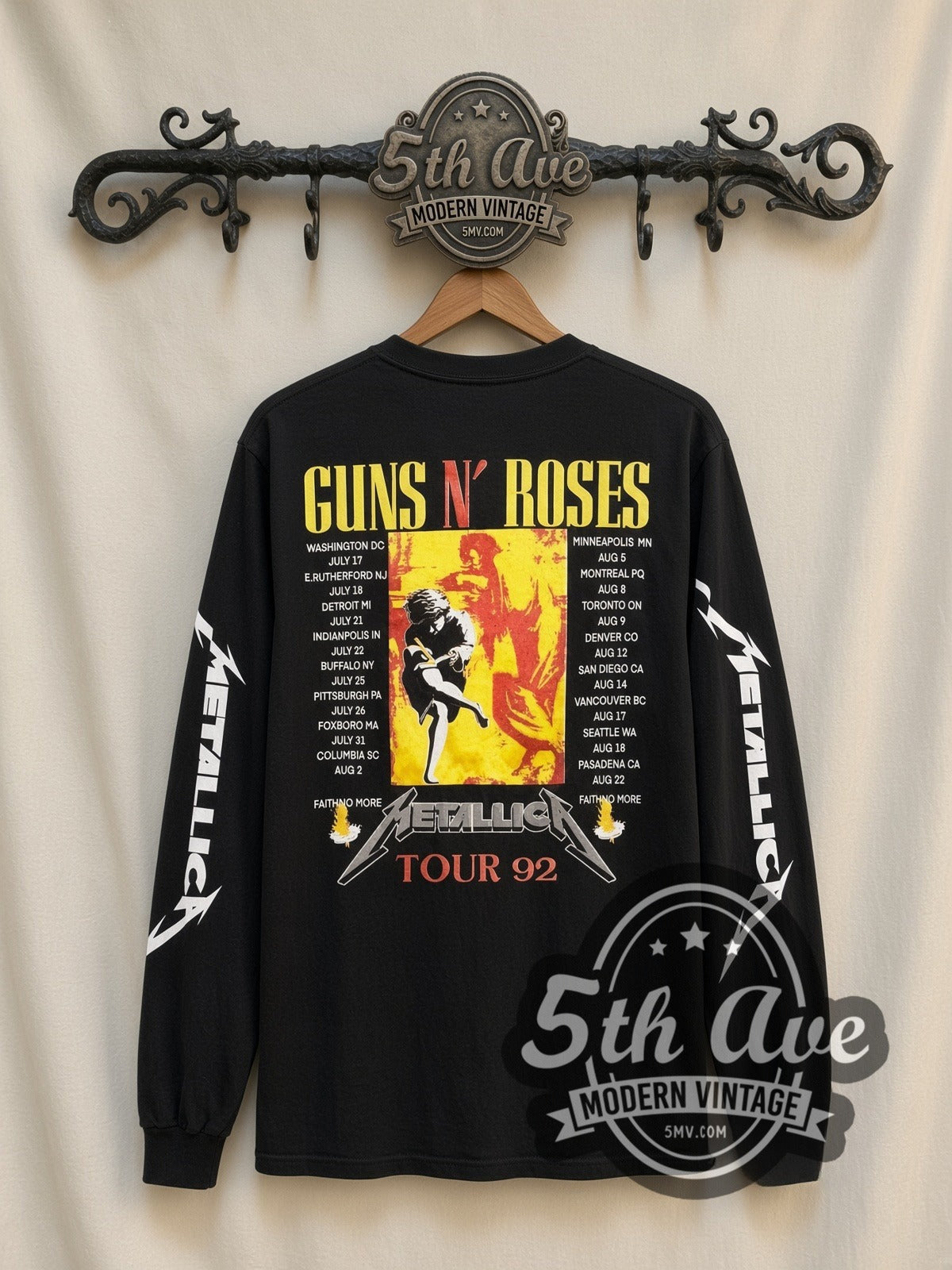 Metallica Guns N' Roses Skulls vintage band long sleeve t-shirt, back view on a display rack