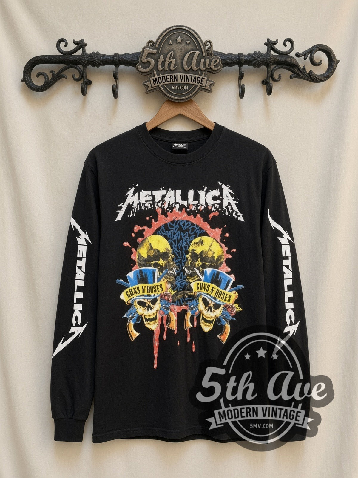 Metallica Guns N' Roses Skulls vintage band long sleeve t-shirt, front view on a display rack