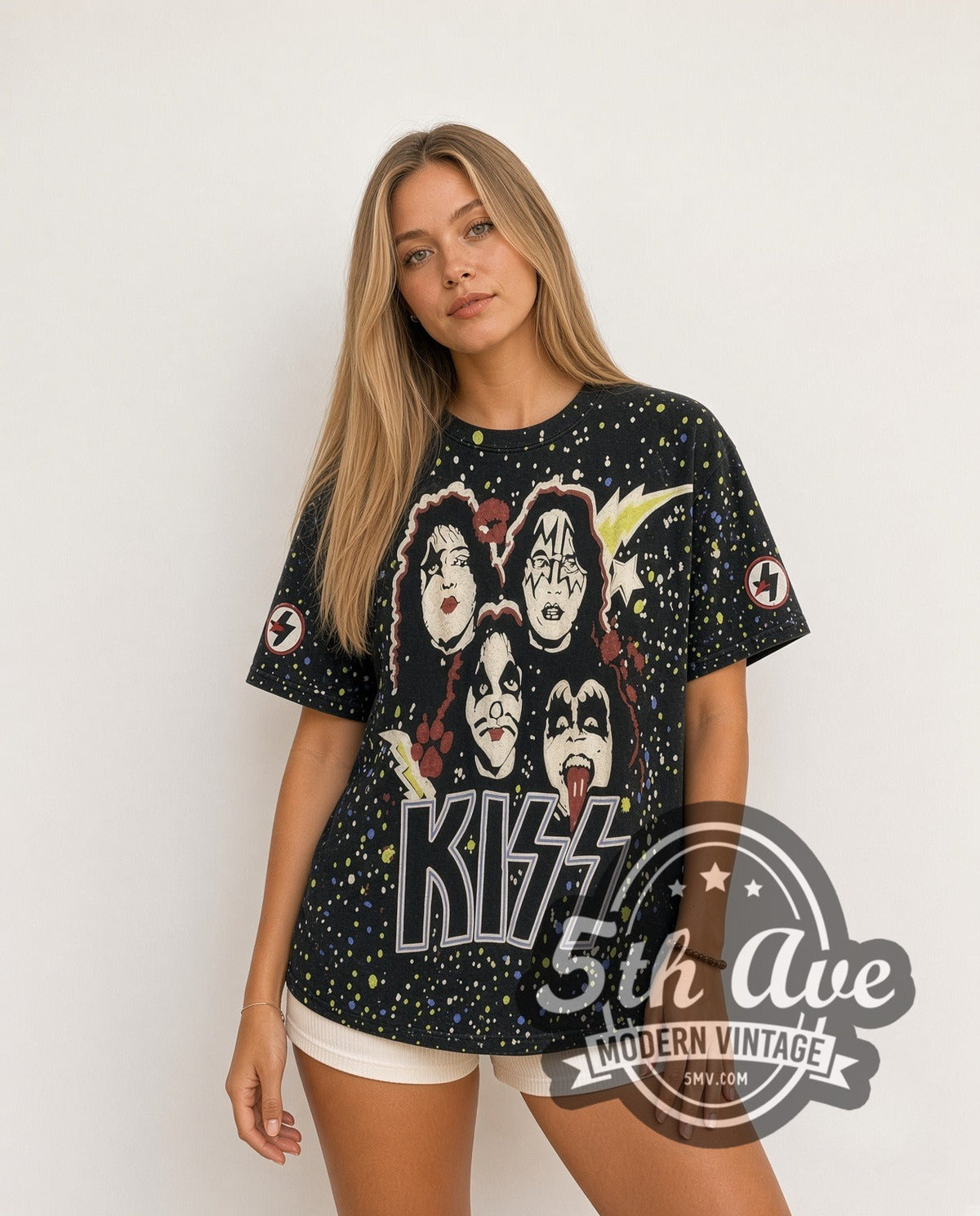 Model wearing the KISS all-over-print vintage band t-shirt