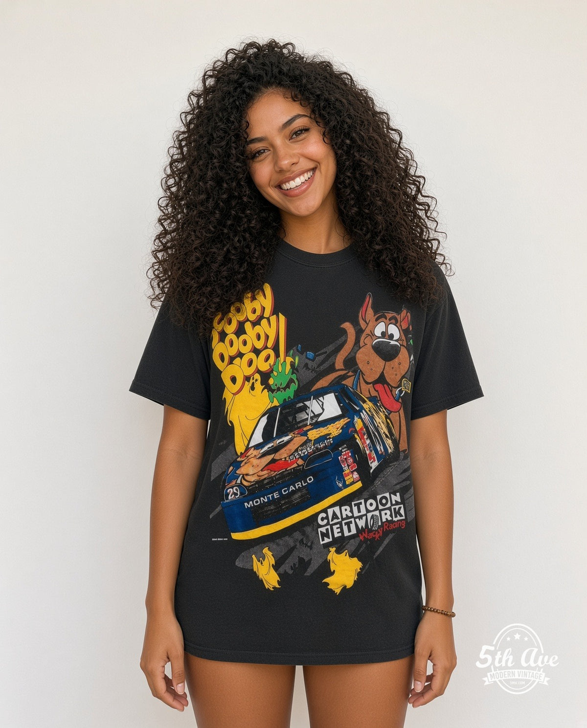 Model wearing the NASCAR Scooby-Doo Cartoon Network Racing all-over-print NASCAR t-shirt in black