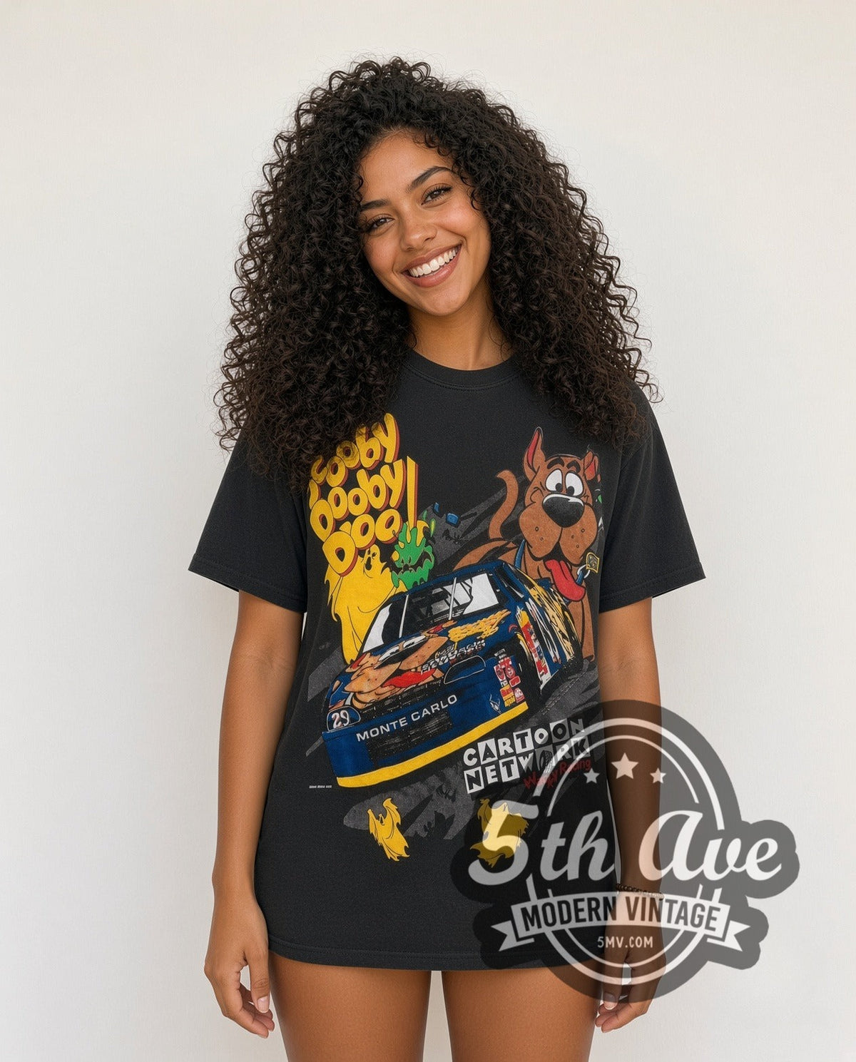 Model wearing the NASCAR Scooby-Doo Cartoon Network Racing all-over-print vintage NASCAR t-shirt in black
