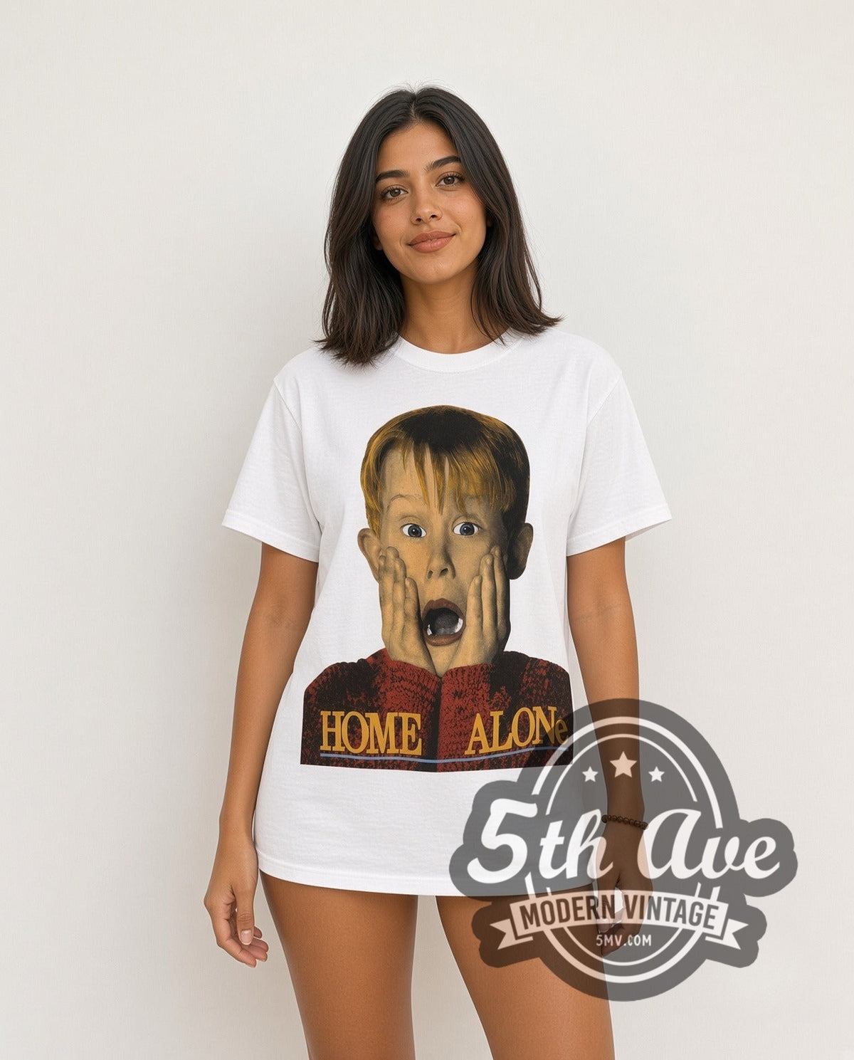 Model wearing the Home Alone Pepsi Kevin Scream vintage movie t-shirt