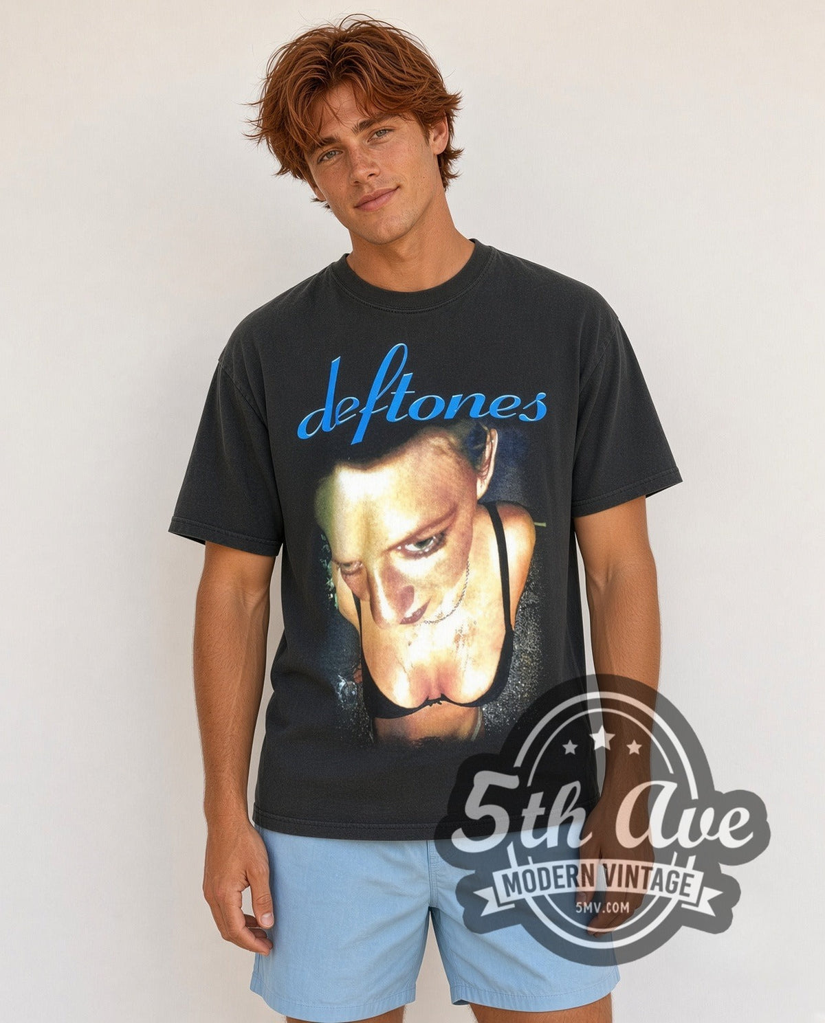 Model wearing the Deftones Adrenaline Album Cover Blue Script vintage band t-shirt