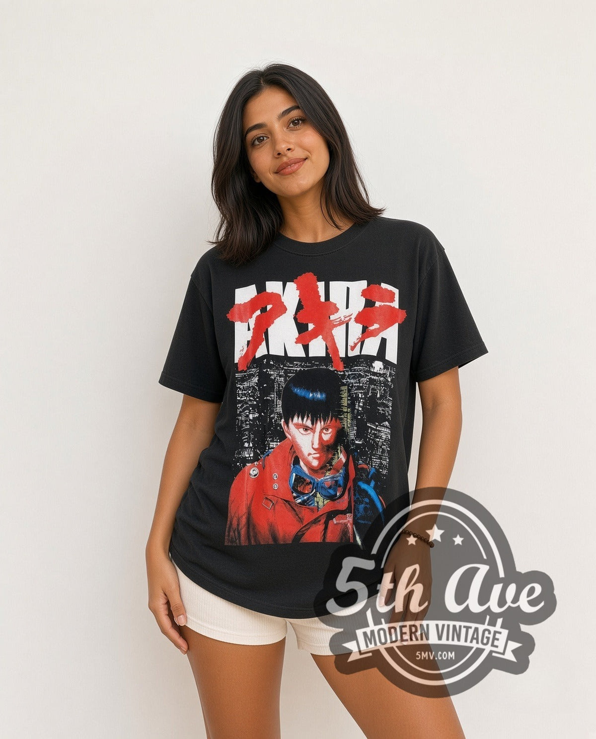 Model wearing the Akira Kaneda Neo-Tokyo Logo vintage anime t-shirt