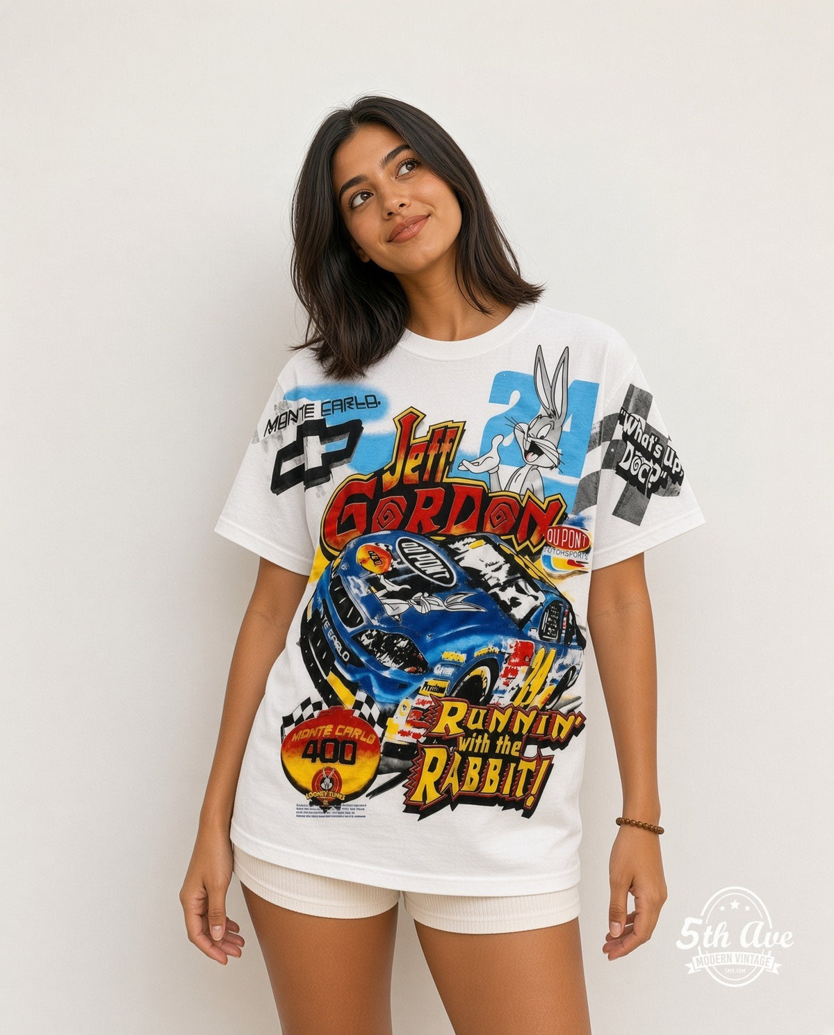 Model wearing the NASCAR Jeff Gordon #24 Runnin' With The Rabbit Bugs Bunny all-over-print NASCAR t-shirt in white