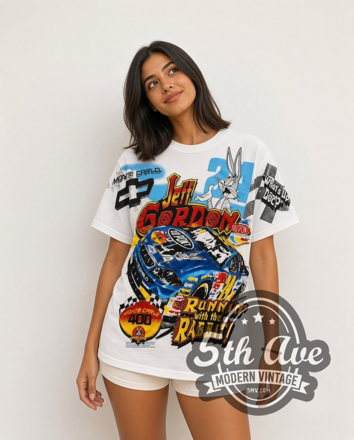 Model wearing the NASCAR Jeff Gordon #24 Runnin' With The Rabbit Bugs Bunny all-over-print vintage NASCAR t-shirt in white