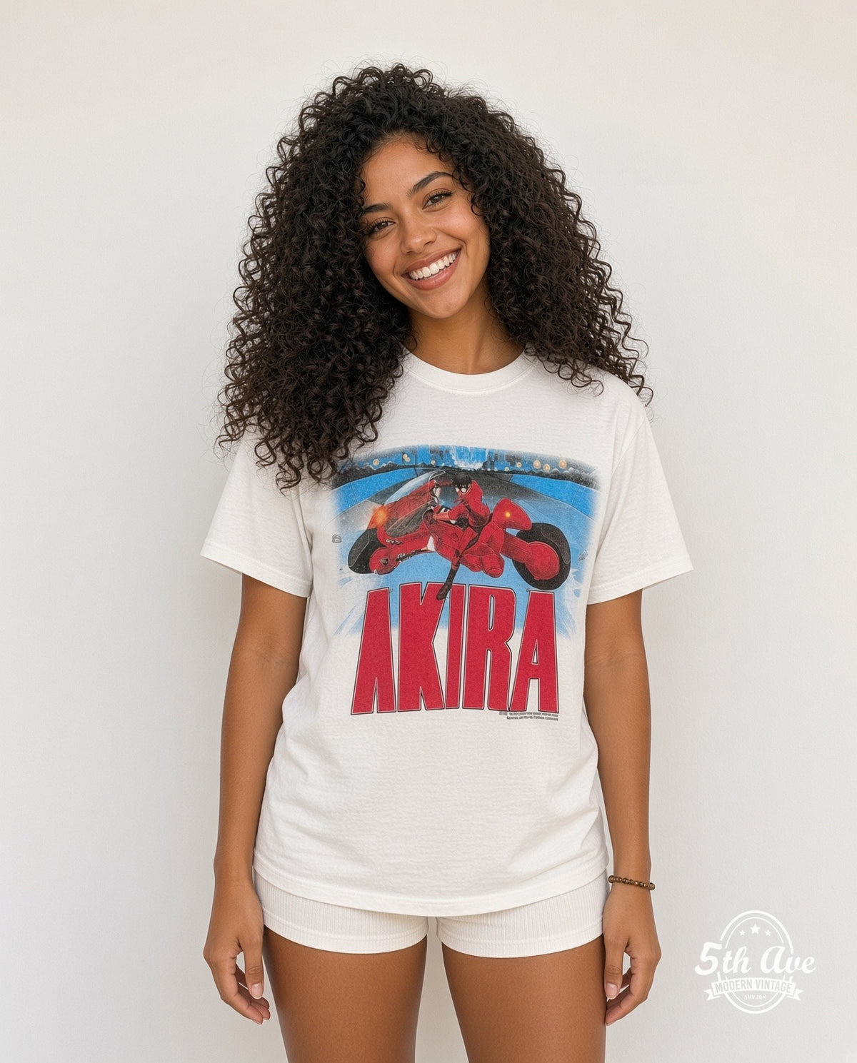 Model wearing the Akira Kaneda Motorcycle anime tee in white