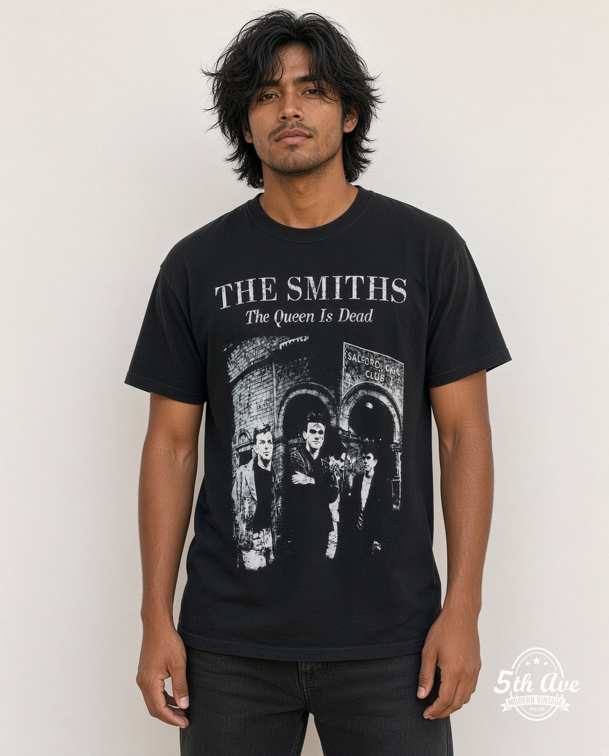 Model wearing The Smiths The Queen Is Dead vintage band t-shirt