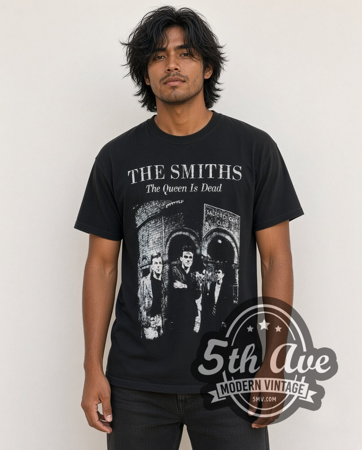 Model wearing The Smiths The Queen Is Dead vintage band t-shirt