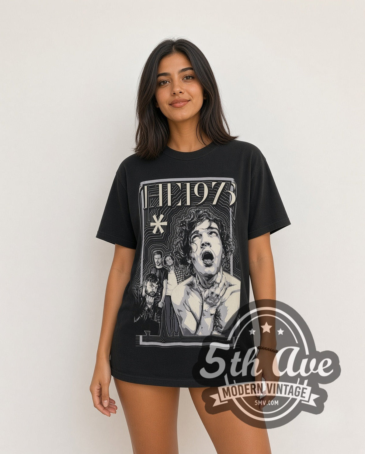 Model wearing The 1975 Matty Healy Throat Clutch Asterisk vintage band t-shirt