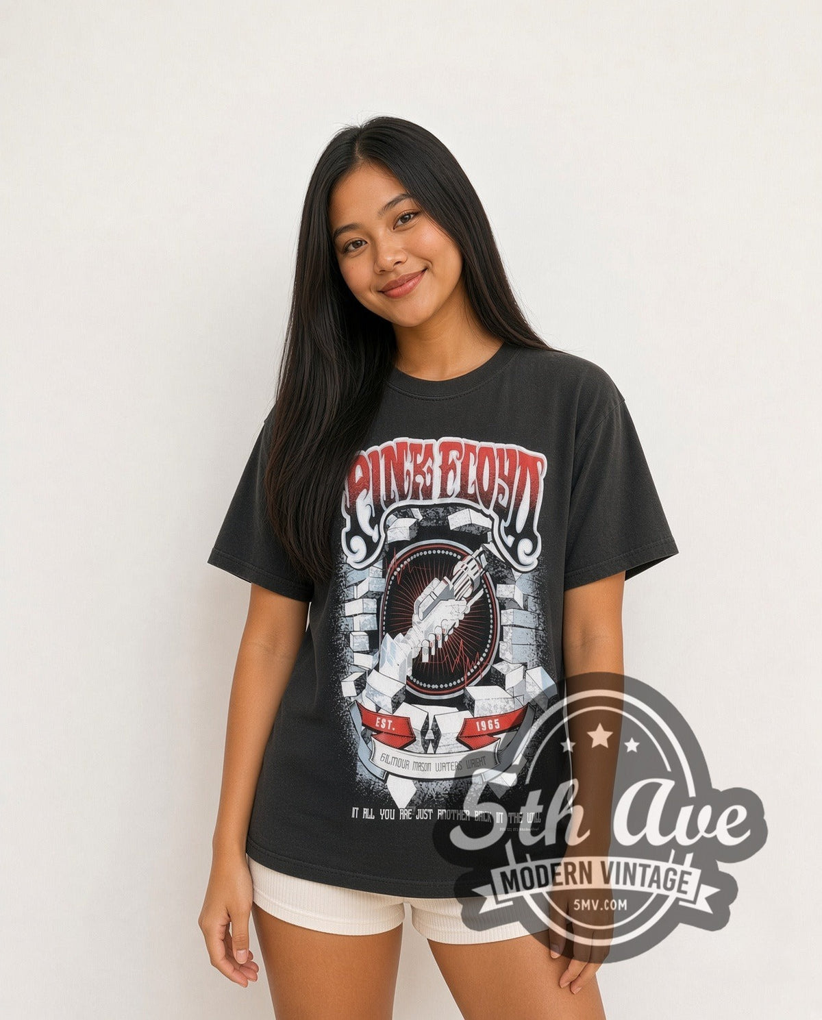 Model wearing the Pink Floyd Another Brick In the Wall vintage band t-shirt