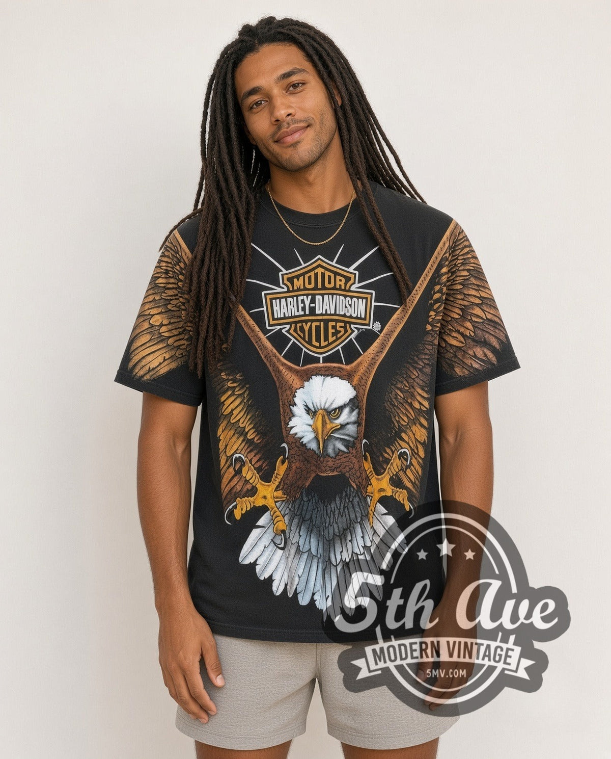Model wearing the Harley-Davidson all-over-print graphic tee