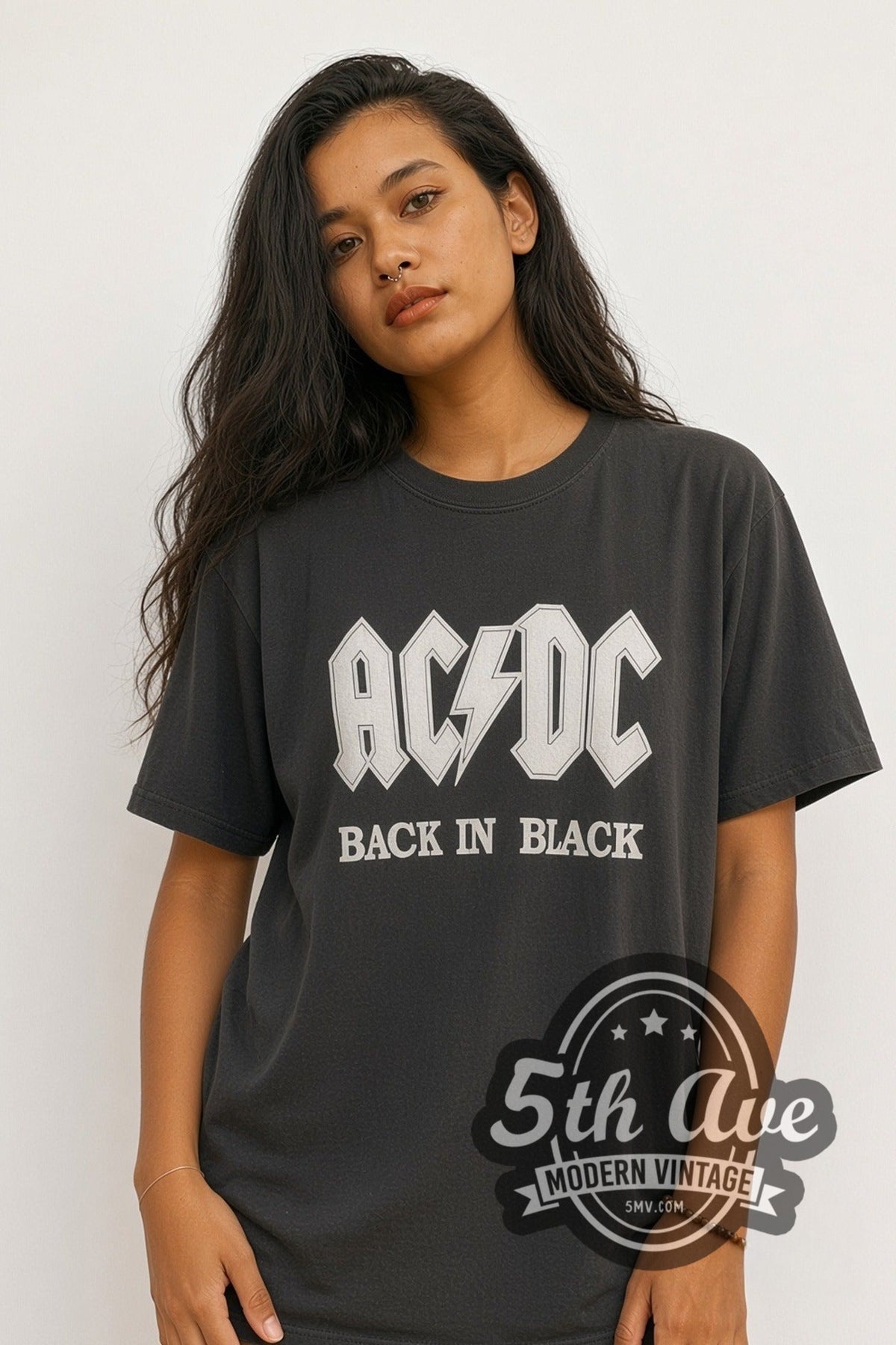 Model wearing the AC/DC Classic Back In Black vintage band t-shirt in black