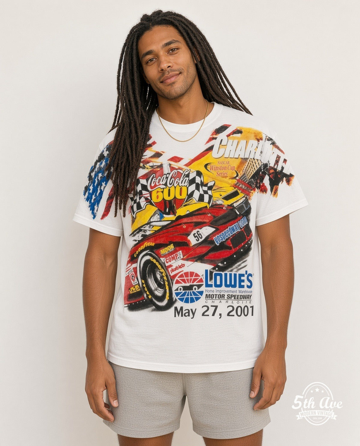 Model wearing the NASCAR Coca-Cola 600 Charlotte 2001 Lowe's all-over-print NASCAR t-shirt in white