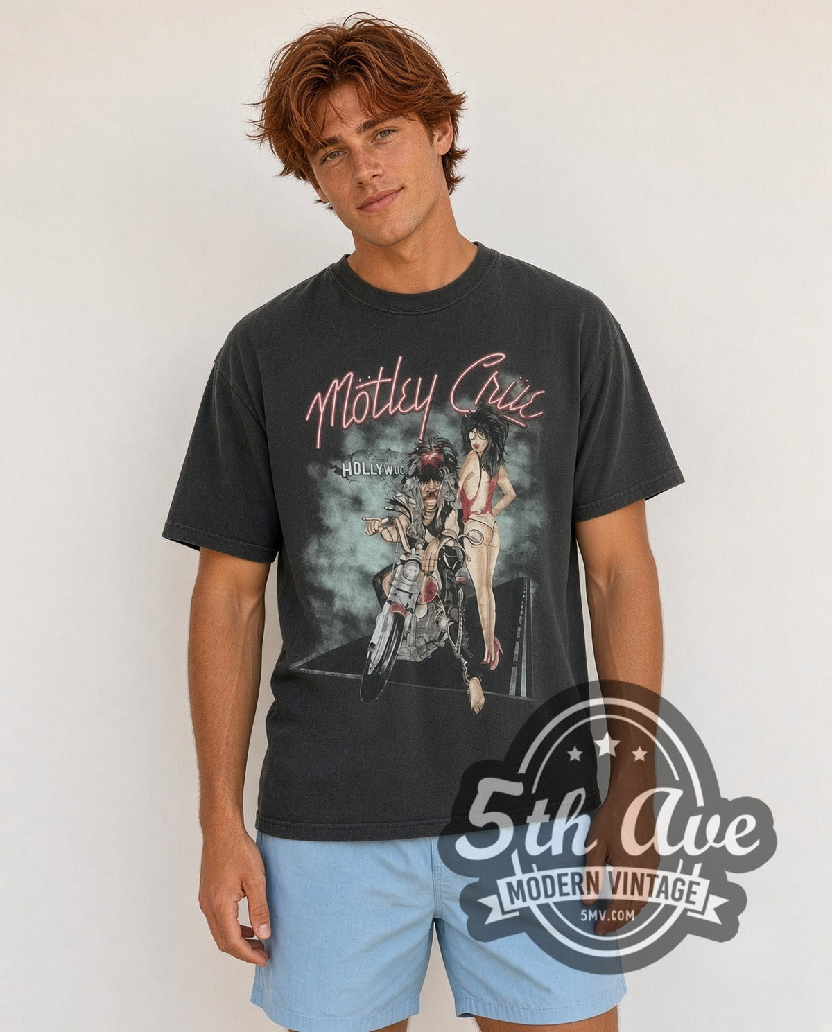 Model wearing the Mötley Crüe Motorcycle Graphic vintage band t-shirt