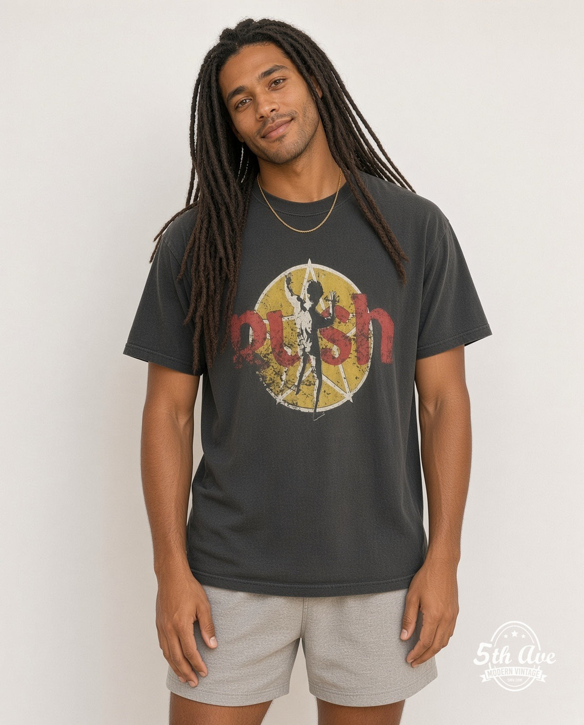 Model wearing the Rush Starman Logo vintage band t-shirt