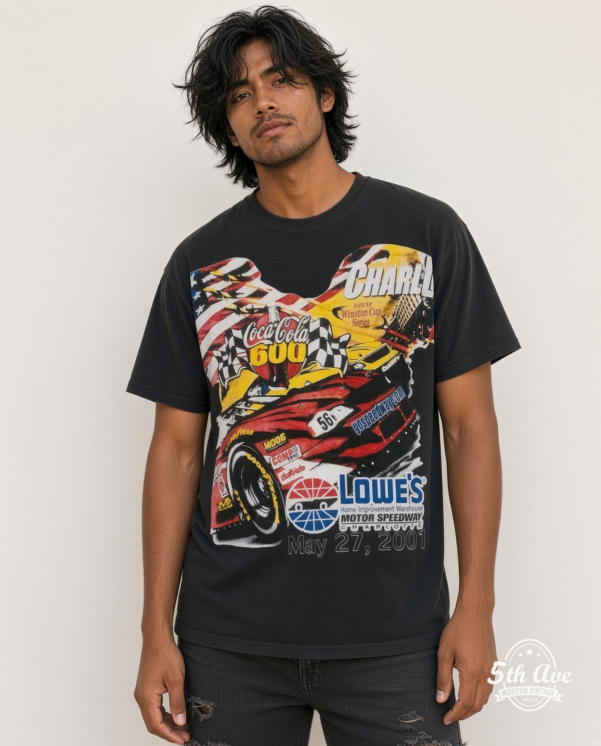 Model wearing the NASCAR Coca-Cola 600 Charlotte 2001 Lowe's all-over-print NASCAR t-shirt in black